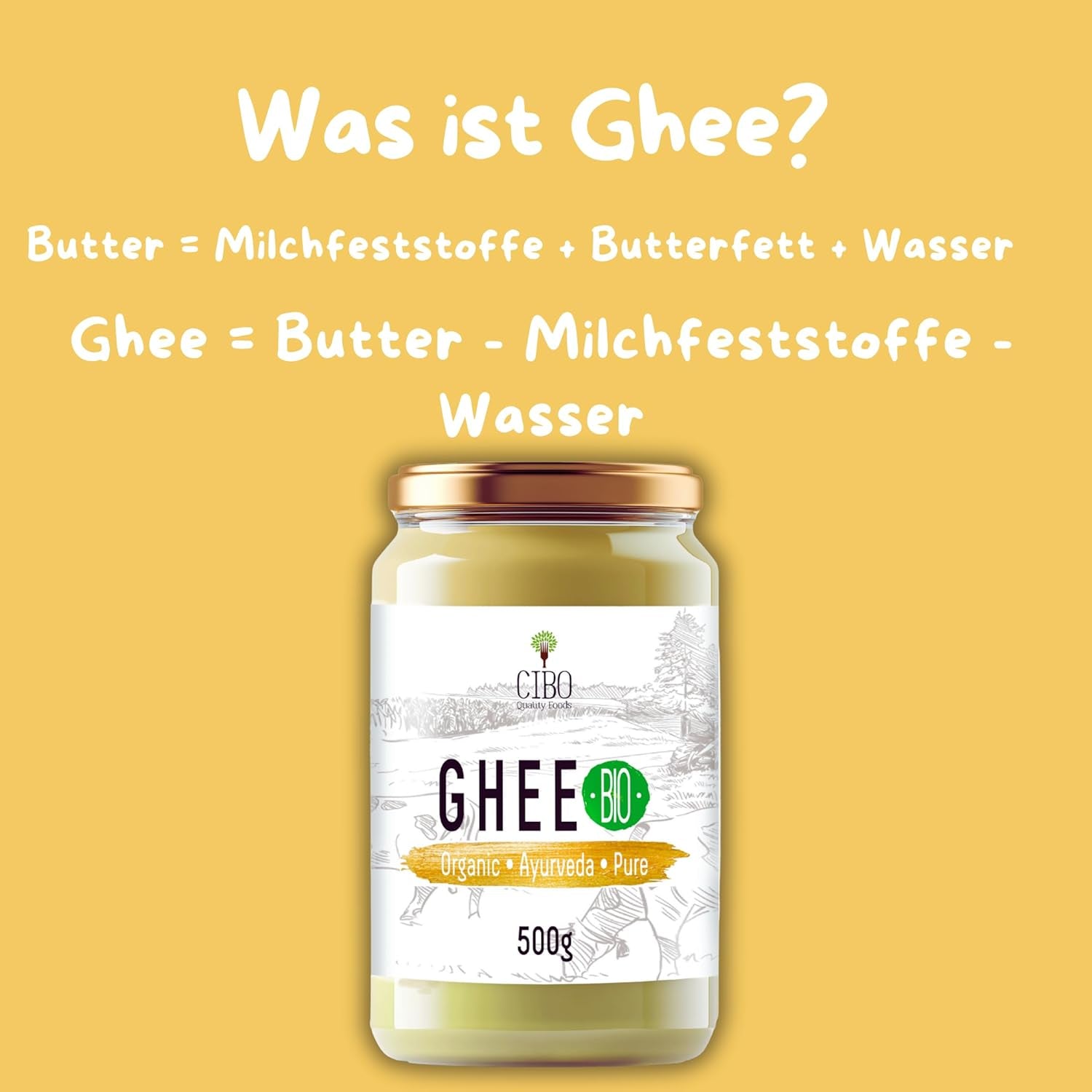 Cibo Bio Ghee 500g – Milk aus Parma und Reggio Emilia – Hergestellt in Italien – Weidekühe – Rauchpunkt 250°C – Aus Centrifugensahne
