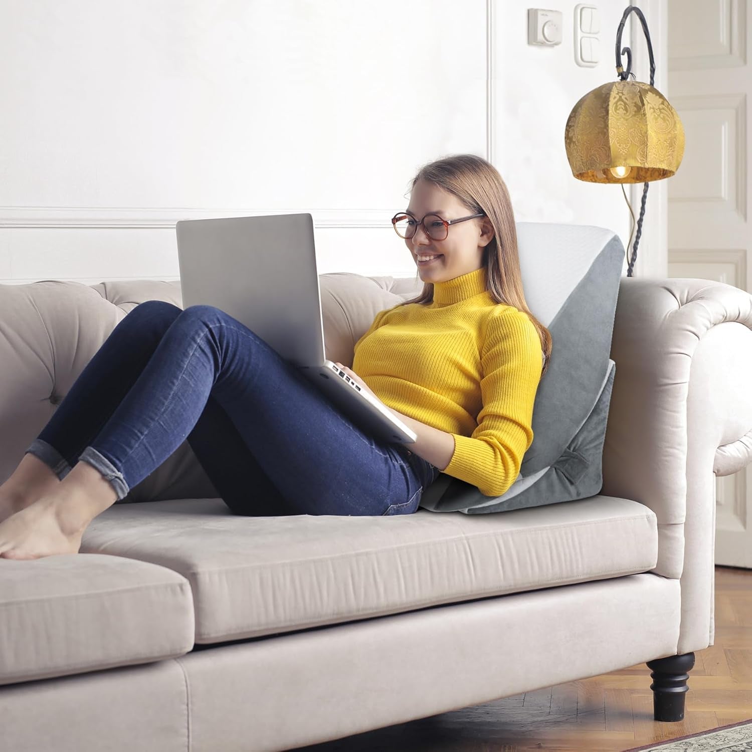 Pernă cu pană reglabilă, pernă de citit din spumă de înaltă densitate cu rolă de gât pentru pat și canapea, pană ergonomică pentru pat pentru apnee de reflux în somn, pernă pentru picioare, pernă pentru spate pentru citit, jucat sau vizionat la televizor