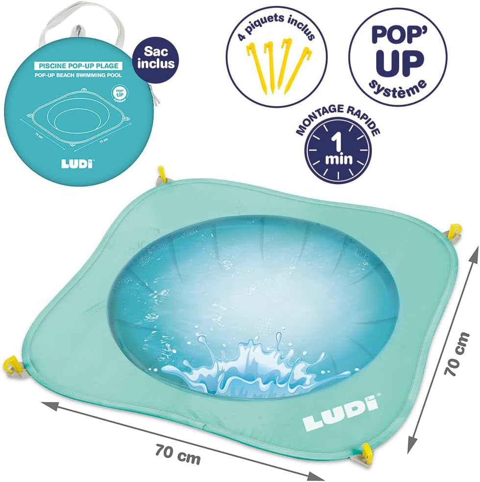 LUDI - Piscina pieghevole - Per la spiaggia - Piscina portatile per bambini - Borsa per il trasporto e clip di fissaggio - Facile da installare e riporre - A partire da 10 mesi, Turchese