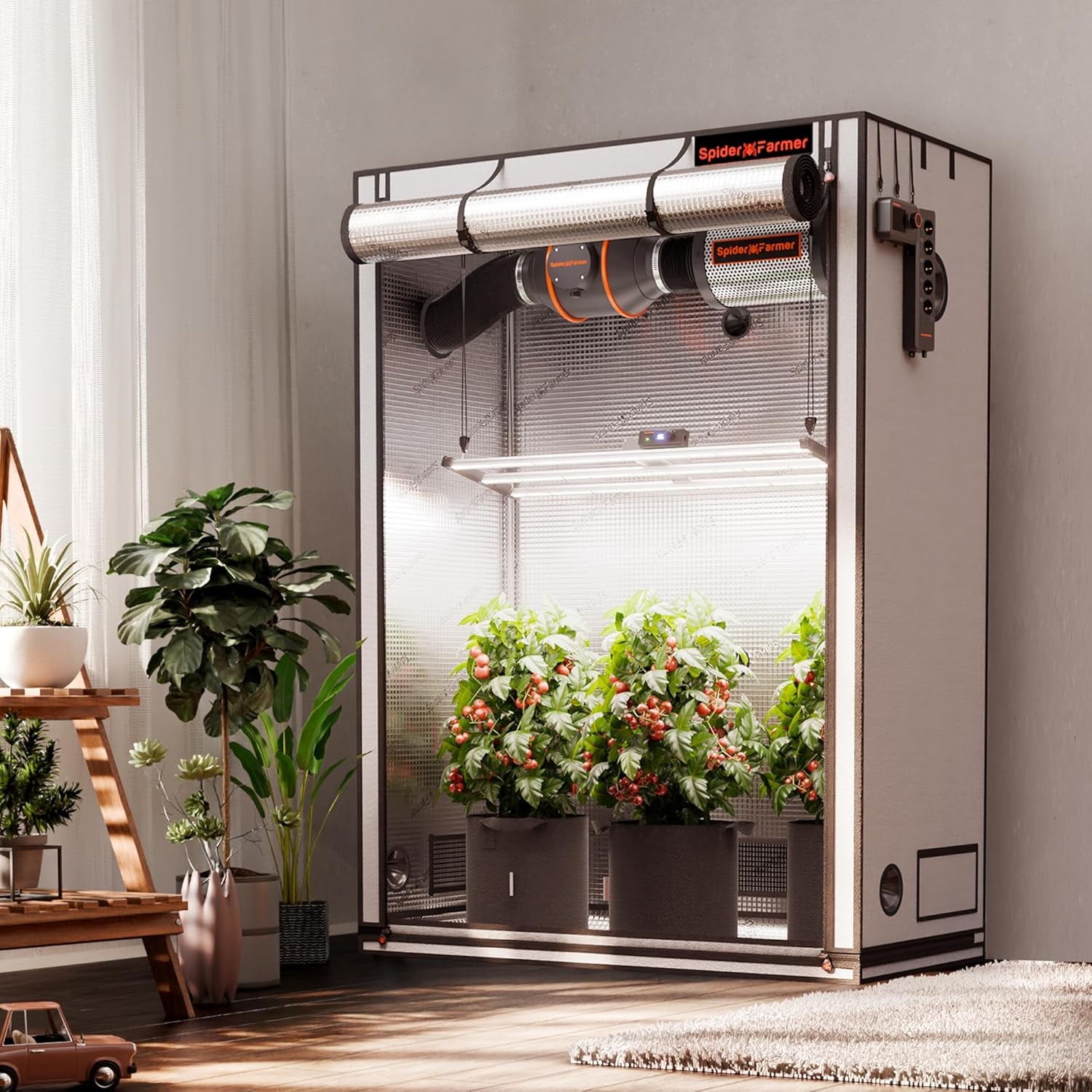 Tenda da coltivazione Spider Farmer Pro 70x140x200 cm con porta scorrevole, finestra di osservazione, pannello pavimento rimovibile, tessuto Mylar 2000D, per coltura idroponica da interni con SF4000, G4500, SE4500