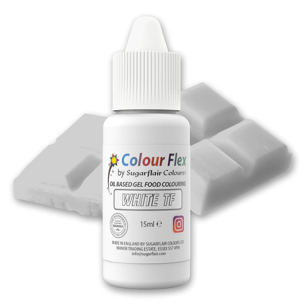 Colorant alimentar pe bază de ulei Sugarflair Colourflex alb, colorant alimentar lichid foarte concentrat, colorant alimentar pentru cremă de unt, ciocolată, aluat, fondant, glazură și multe altele - 15 ml