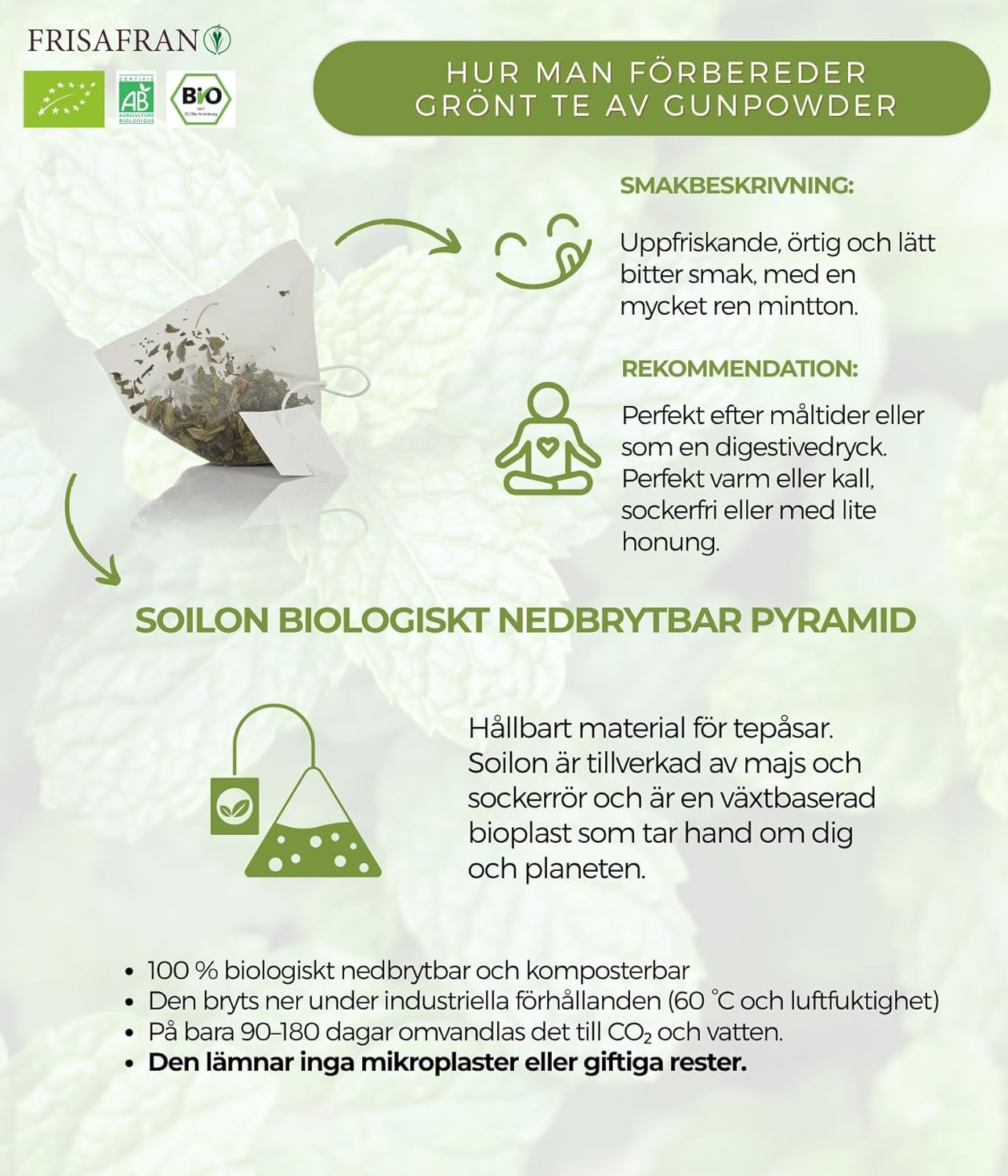 FRISAFRAN | Ceai verde organic Mint Gunpowder în piramide 30 unități | 60G | Antioxidant | Ceai verde japonez | Digestiv | Băutură răcoritoare | Infuzie de mentă | Ceai pur | Frunze de mentă | Cald-rece