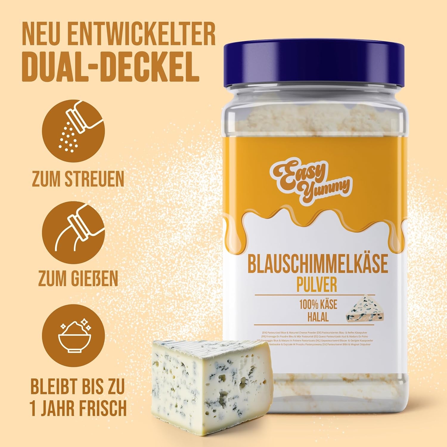 FACILE BUONISSIMO - Käsepulver 300g | Käsegeschmack istantaneo per mahlzeiten e snack | Immer Bereit, Keine Kühlung Nötig | Aus 100% vero formaggio | Ideale come guarnizione per i popcorn
