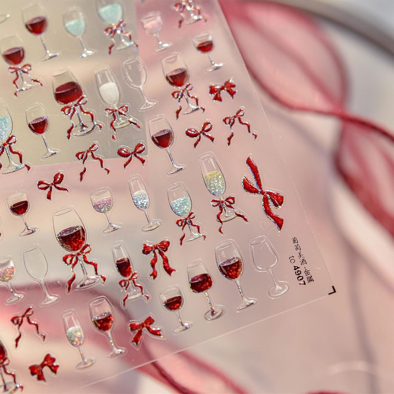 JMEOWIO 3D Nagelsticker Roter Kelch Mit Schleife Nail Art Sticker Selbstklebend Nagelaufkleber 5D Stereoskopisch Dekoration Nageldesign Zubehör 1 Blatt