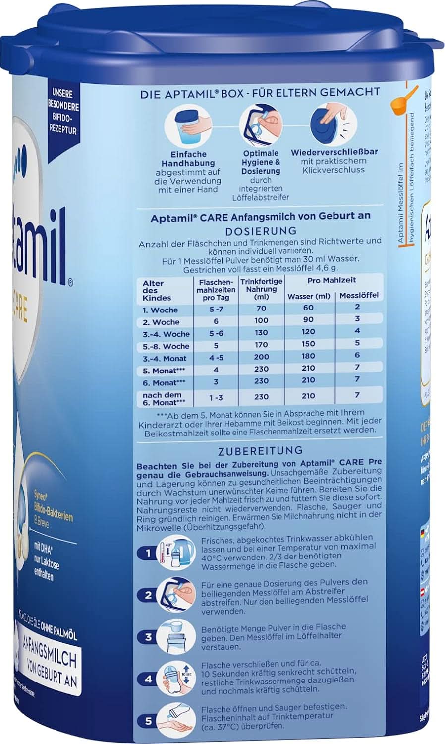 Aptamil Care PRE - Latte iniziale dalla nascita, con DHA, solo lattosio, senza olio di palma, alimenti per l'infanzia, latte in polvere, 1x 800 g Mamma e Bambino Naty Shop