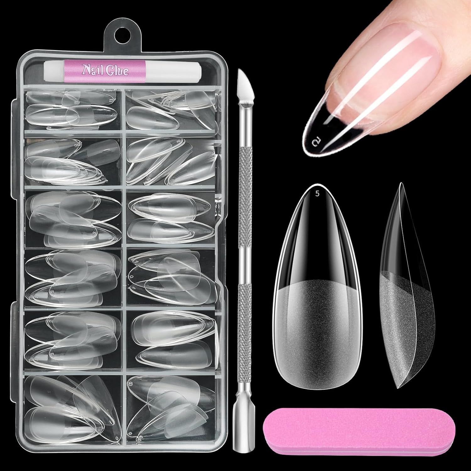 Unghii scurte cu acoperire completă, 120 de bucăți, 12 dimensiuni, vârfuri de unghii scurte pentru unghii cu gel, unghii artificiale pentru lipire, set de unghii cu pile de lipit, lustruitor de unghii, împingător de cuticule
