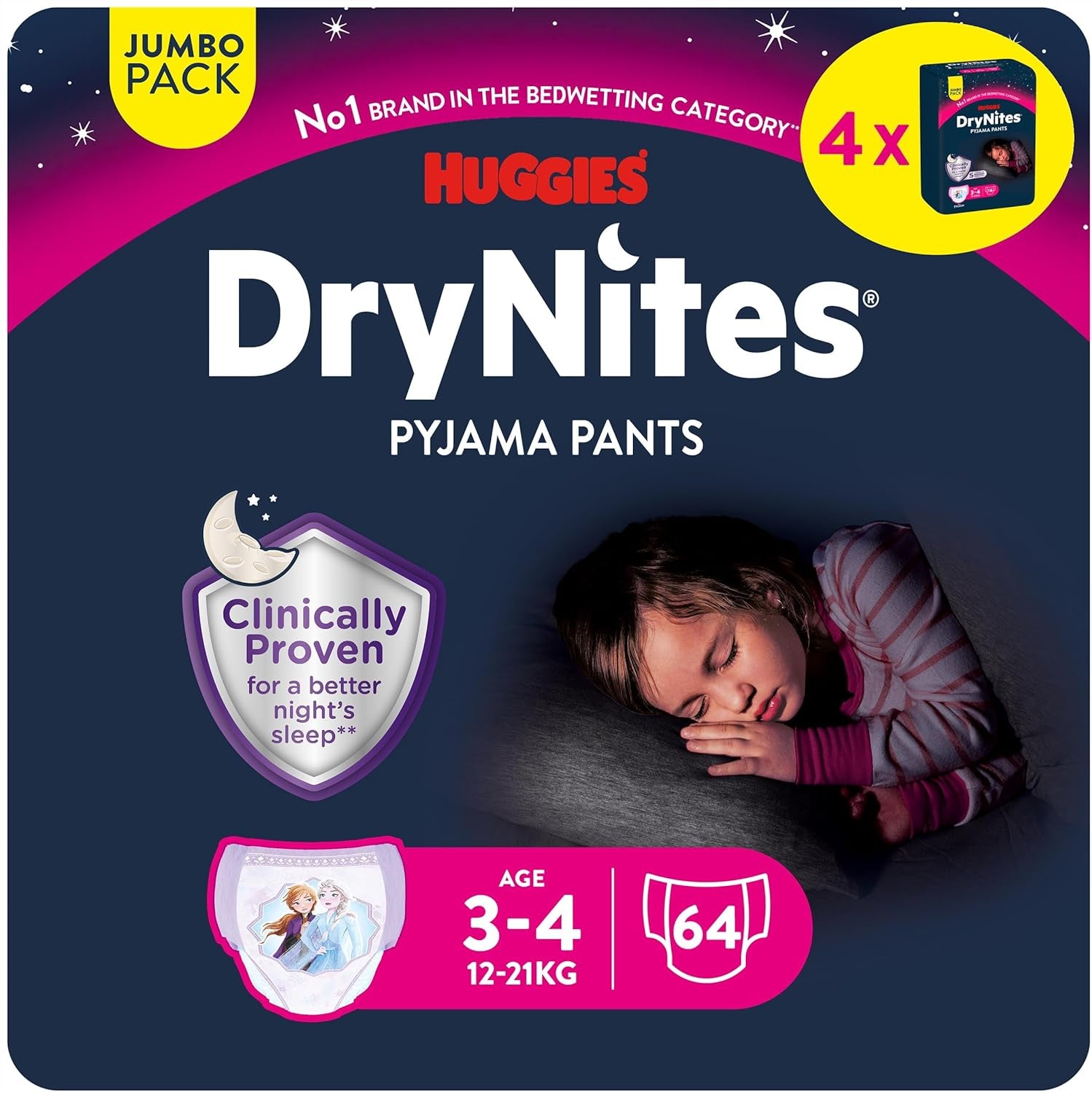 Huggies DryNites Pannolini notturni super assorbenti per ragazze 3-4 anni (12-21 kg) 4 x 16 conteggi (64 conteggi totali) Confezione mensile di mutandine