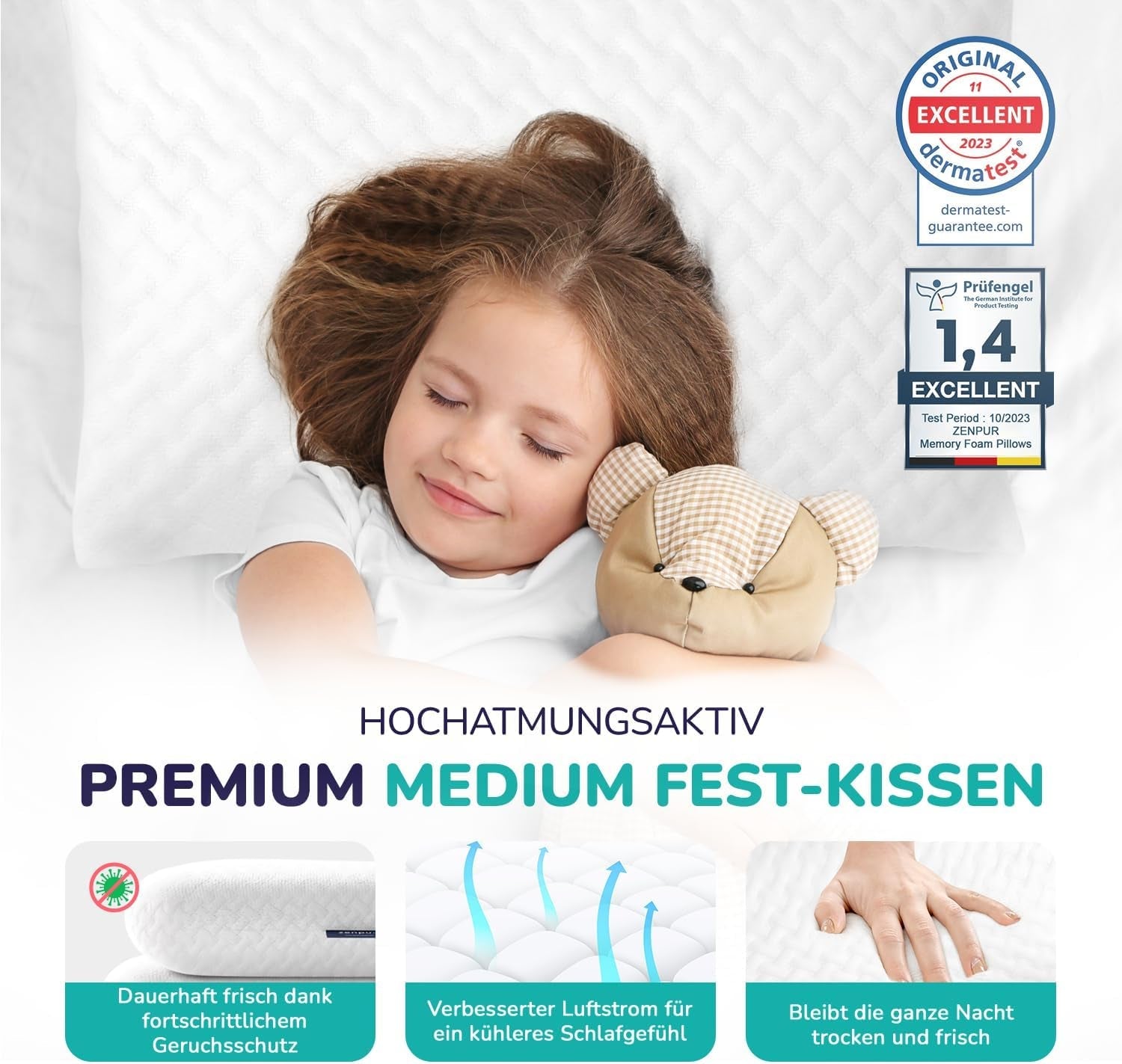 Pernă ortopedică pentru gât ZenPur 40x60-13cm, pernă pentru cap din spumă cu memorie - pernă ergonomică pentru somn, pentru gât și umeri, certificată Oeko-TEX