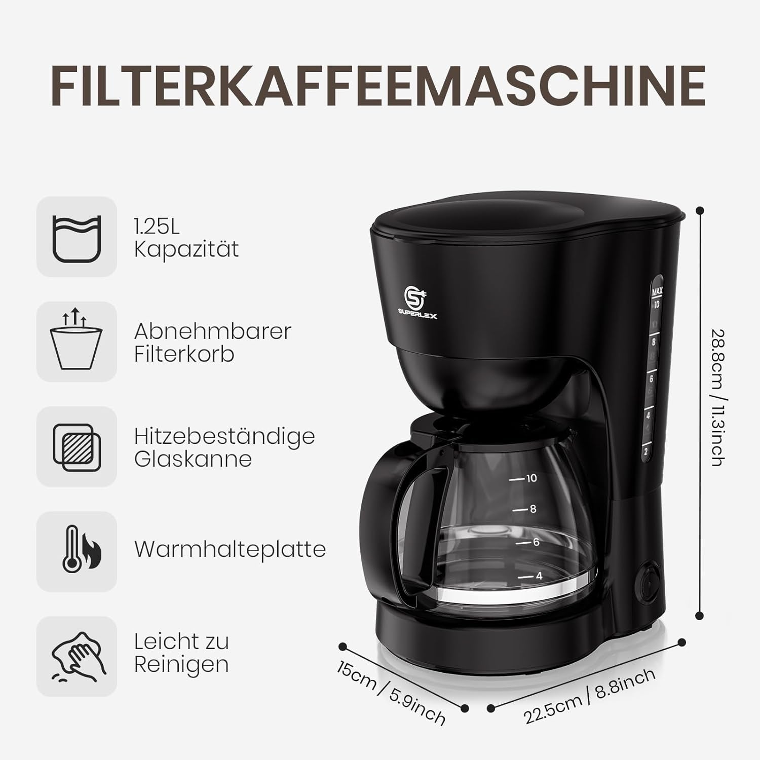Espressor de cafea cu filtru 1,25 l pentru 10 cești de cafea cu filtru, carafă din sticlă lavabilă în mașina de spălat vase, termos, sistem anti-picurare, oprire automată, 600 W, protecție la fierbere fără apă pentru acasă și birou
