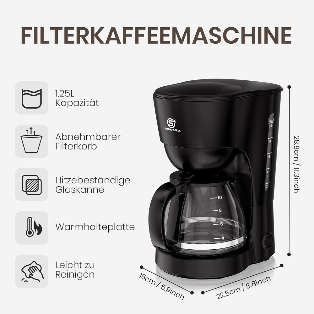 Espressor de cafea cu filtru 1,25 l pentru 10 cești de cafea cu filtru, carafă din sticlă lavabilă în mașina de spălat vase, termos, sistem anti-picurare, oprire automată, 600 W, protecție la fierbere fără apă pentru acasă și birou