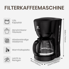 Espressor de cafea cu filtru 1,25 l pentru 10 cești de cafea cu filtru, carafă din sticlă lavabilă în mașina de spălat vase, termos, sistem anti-picurare, oprire automată, 600 W, protecție la fierbere fără apă pentru acasă și birou