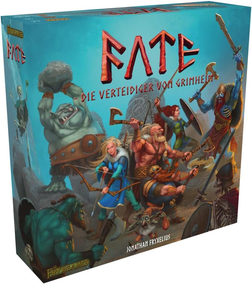 Fate: Defenders of Grimhelm, ELSNER Games, Gioco da tavolo fantasy cooperativo, Strategia di difesa della torre, 1-4 giocatori, Età 14+, Avventura epica, Eroi e magia, Gioco tattico, FryxGames