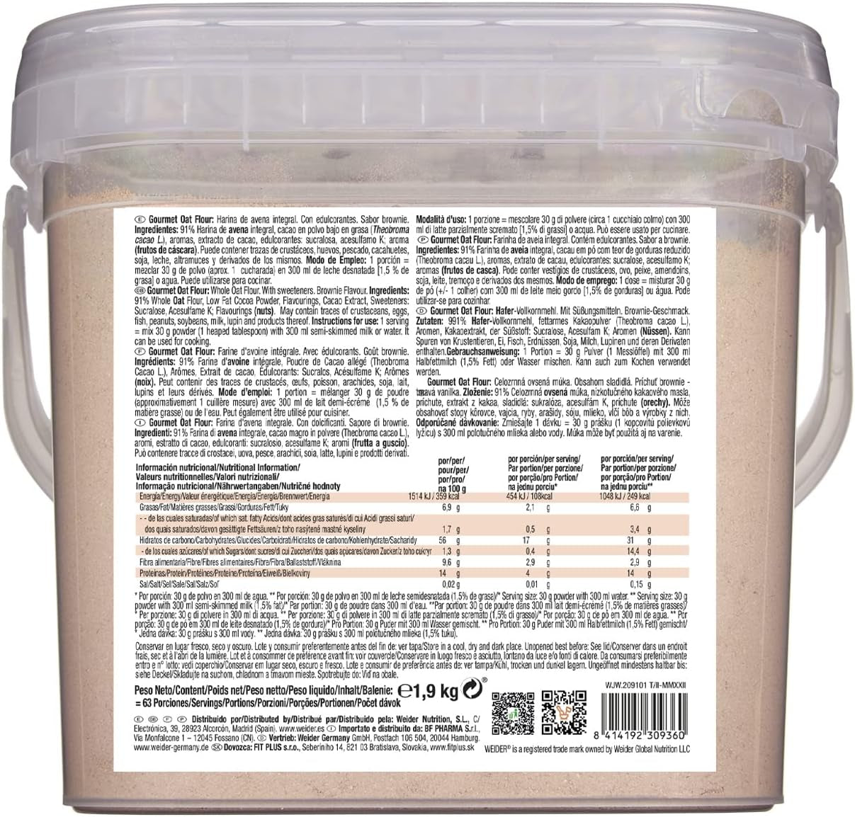 Weider Gourmet Farina d'Avena (1,9 kg) gusto brownie. Farina d'avena integrale. Fonte proteica a basso contenuto di zuccheri.