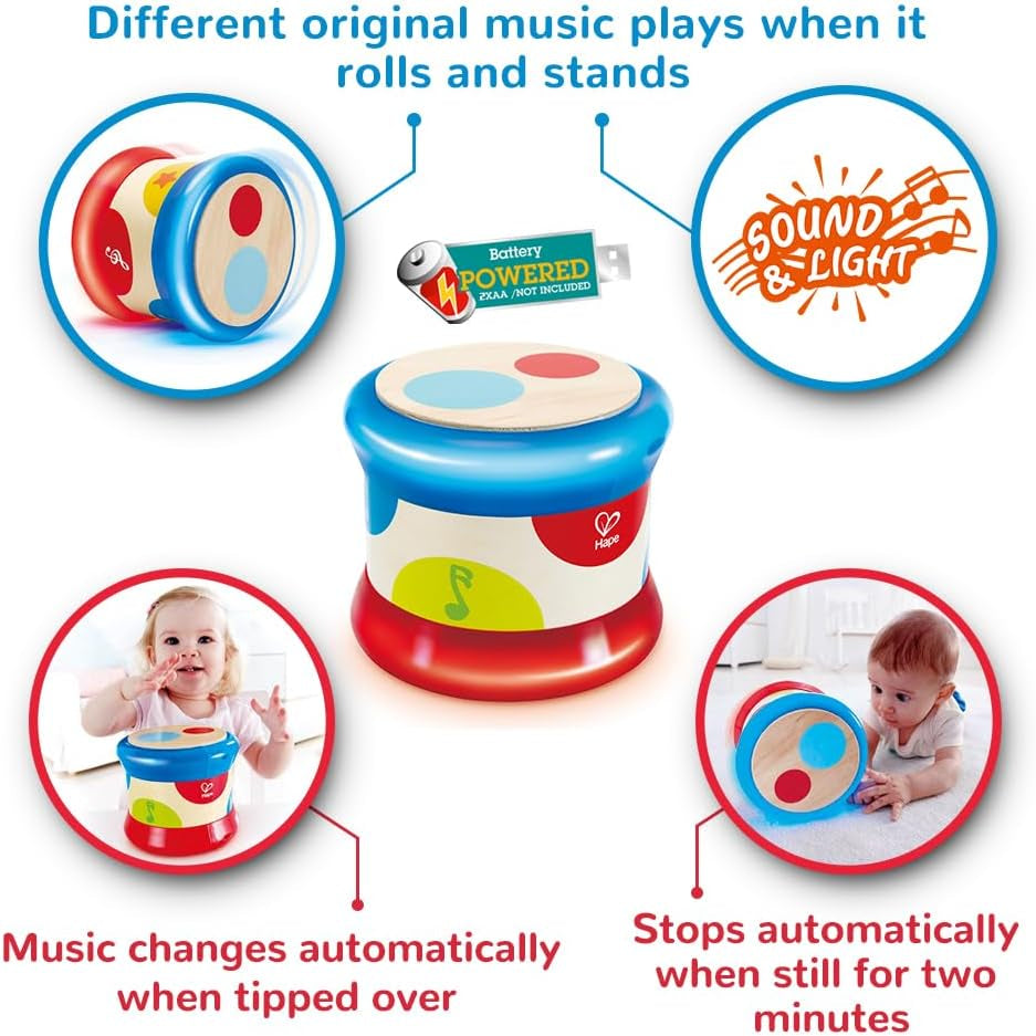 Hape Baby Drum | Jucărie muzicală rulantă pentru ca cei mici să învețe ritmul și diferite sunete, funcționează cu baterii, de la 6 luni Jucarii Bebe Naty Shop