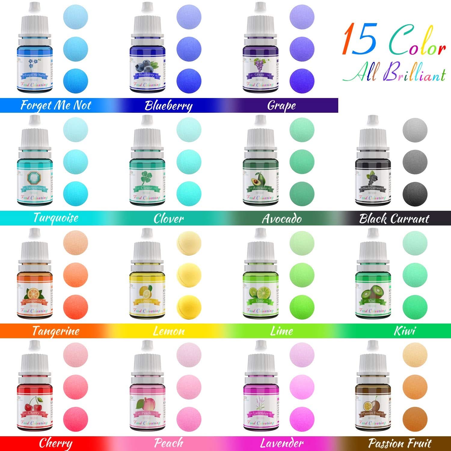 Set 15 coloranti alimentari lichizi, 6 ml fiecare culoare Naty Shop