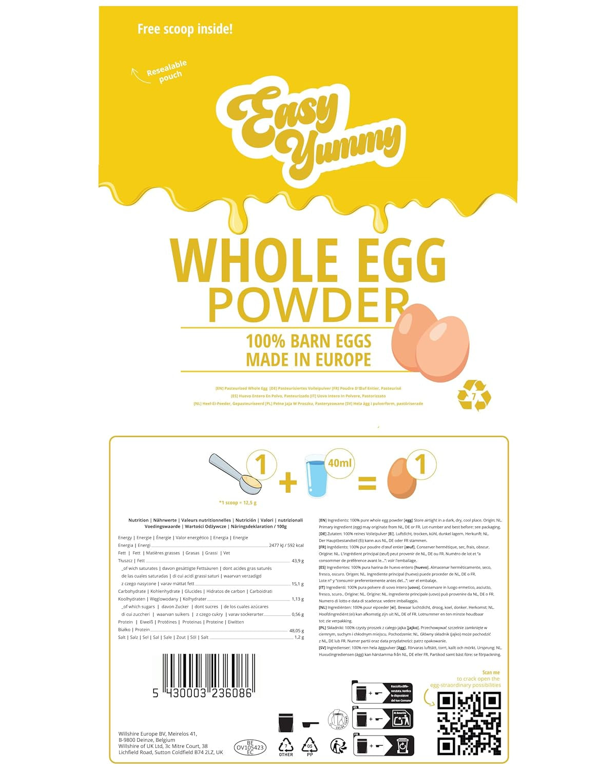 EASY YUMMY - Vollei-Eipulver (1000g = 80 Eier) aus Regionalen Niederländischen Freiland-Eiern | mito 1-Ei-Messlöffel | Wiederverschließbarer Beutel, lange Haltbarkeit | Rührei, Kochen, Backen | 100% loro