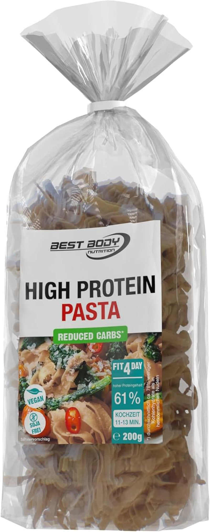 Best Body Nutrition Pasta Proteica 6 x 200g - Tagliatelle ad alto contenuto proteico Fit4Day - 61% di proteine, a basso contenuto di carboidrati, vegani e senza lattosio, senza soia - Proteine ​​del pisello di alta qualità - Per diete a basso contenuto di carboidrati