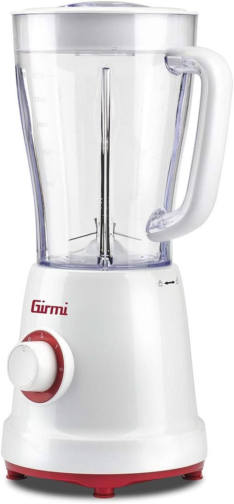 Girmi FR46 Elektrischer Mixer, 1,5 litri, 2 Geschwindigkeiten Mit Pulse-Funktion, 4 Edelstahlklingen, Messbecherdeckel, Messbecher Mit Scale, Sicherheitseinrichtung, Weiß/Rot Kitchen Naty Shop