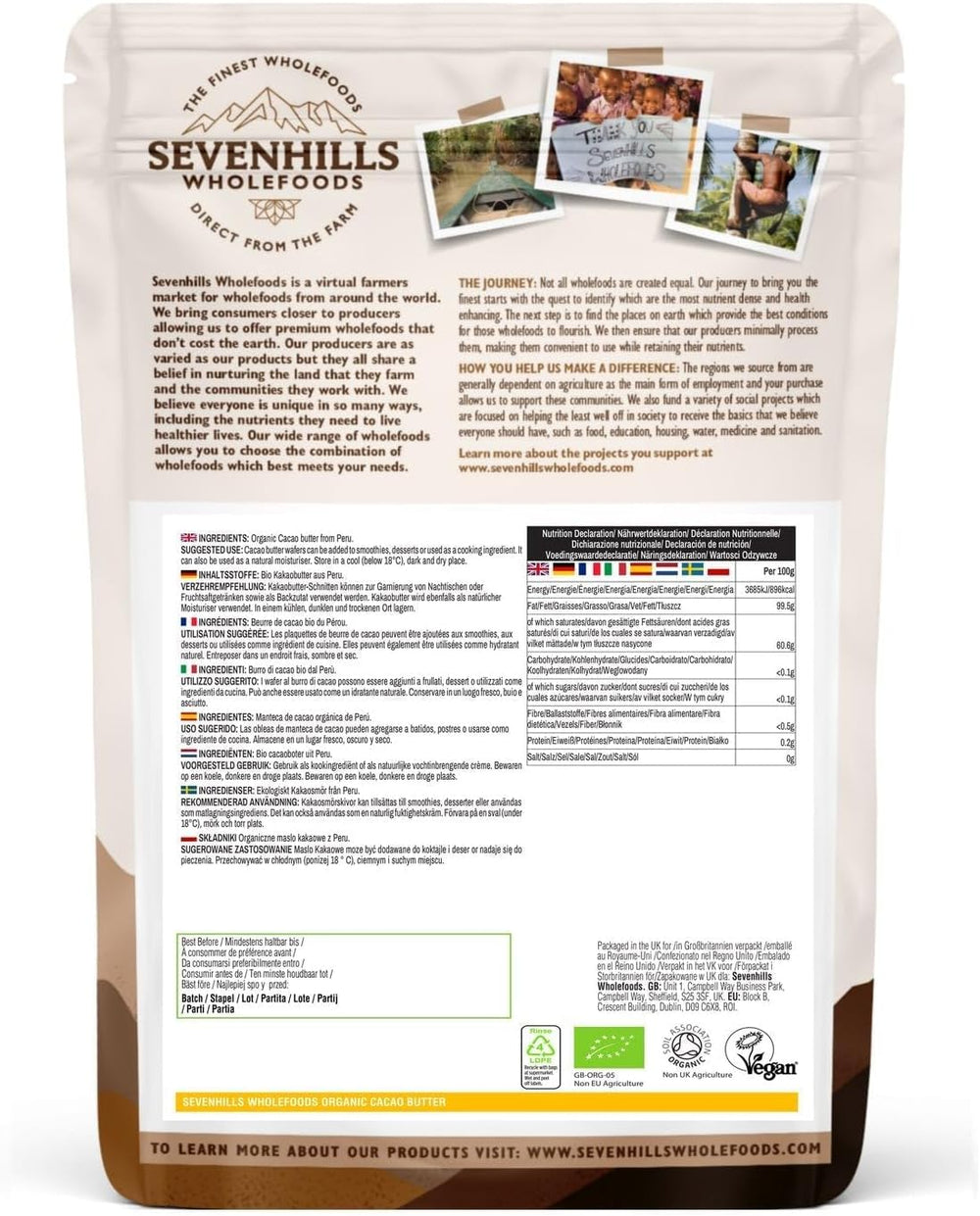 Sevenhills Wholefoods Kakaobutter Bio 200g, fresco e naturale, qualità premium