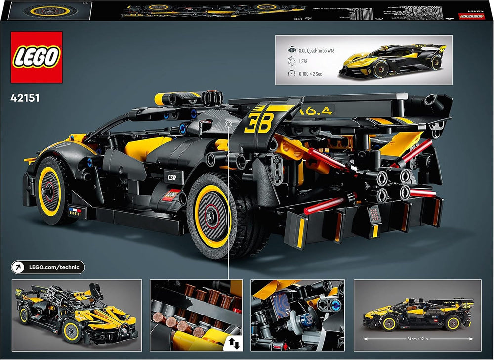 LEGO Technic Auto da corsa Bugatti, Kit modello di auto, Giocattolo per auto sportiva, Set di auto da collezione iconico, Giocattolo da costruzione da 9 anni 42151 Set di costruzione Besuche den LEGO-Store