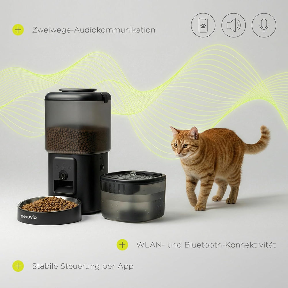 Feast Automatische Futterautomat Katze mit App und Kamera, Live-Video mit Nachtsicht und Zwei-Wege-Audio, Portionskontrolle, Edelstahl-Napf, Katzen Trinkbrunnen mit Filter, 4.5 l und 2.5 l