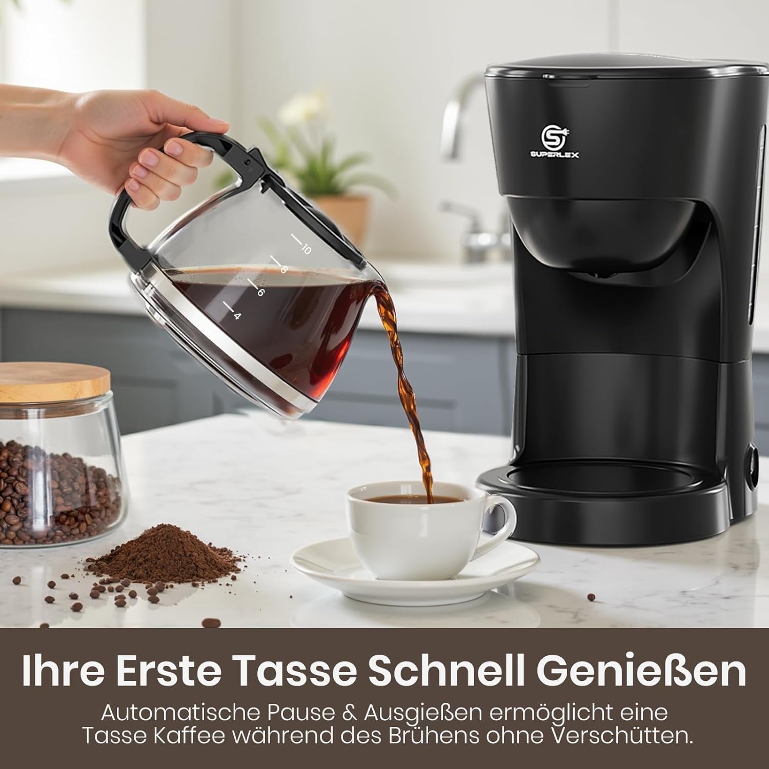 Espressor de cafea cu filtru 1,25 l pentru 10 cești de cafea cu filtru, carafă din sticlă lavabilă în mașina de spălat vase, termos, sistem anti-picurare, oprire automată, 600 W, protecție la fierbere fără apă pentru acasă și birou