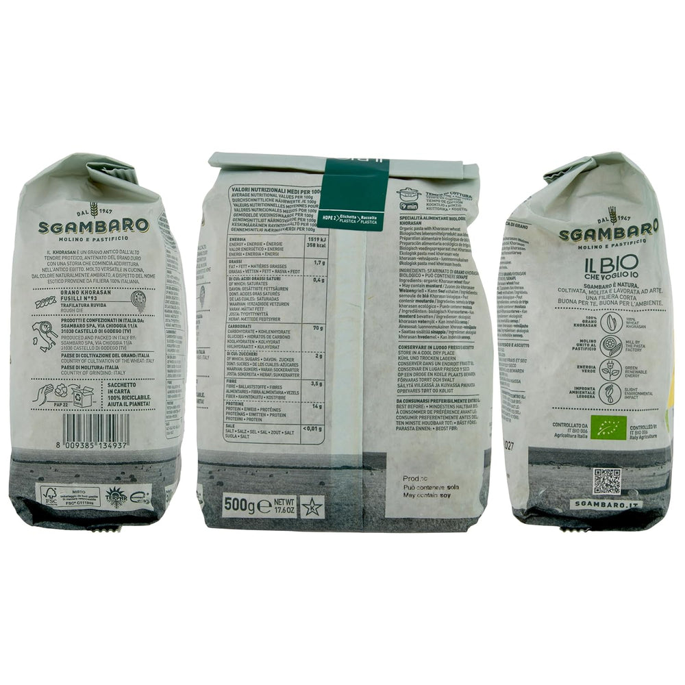 Pasta Fusilli Bio N. 93 - 500g di grano Khorasan - Grano antico, ad alto contenuto proteico, coltivato al 100% in Italia - Versatile in cucina e ricco di nutrienti