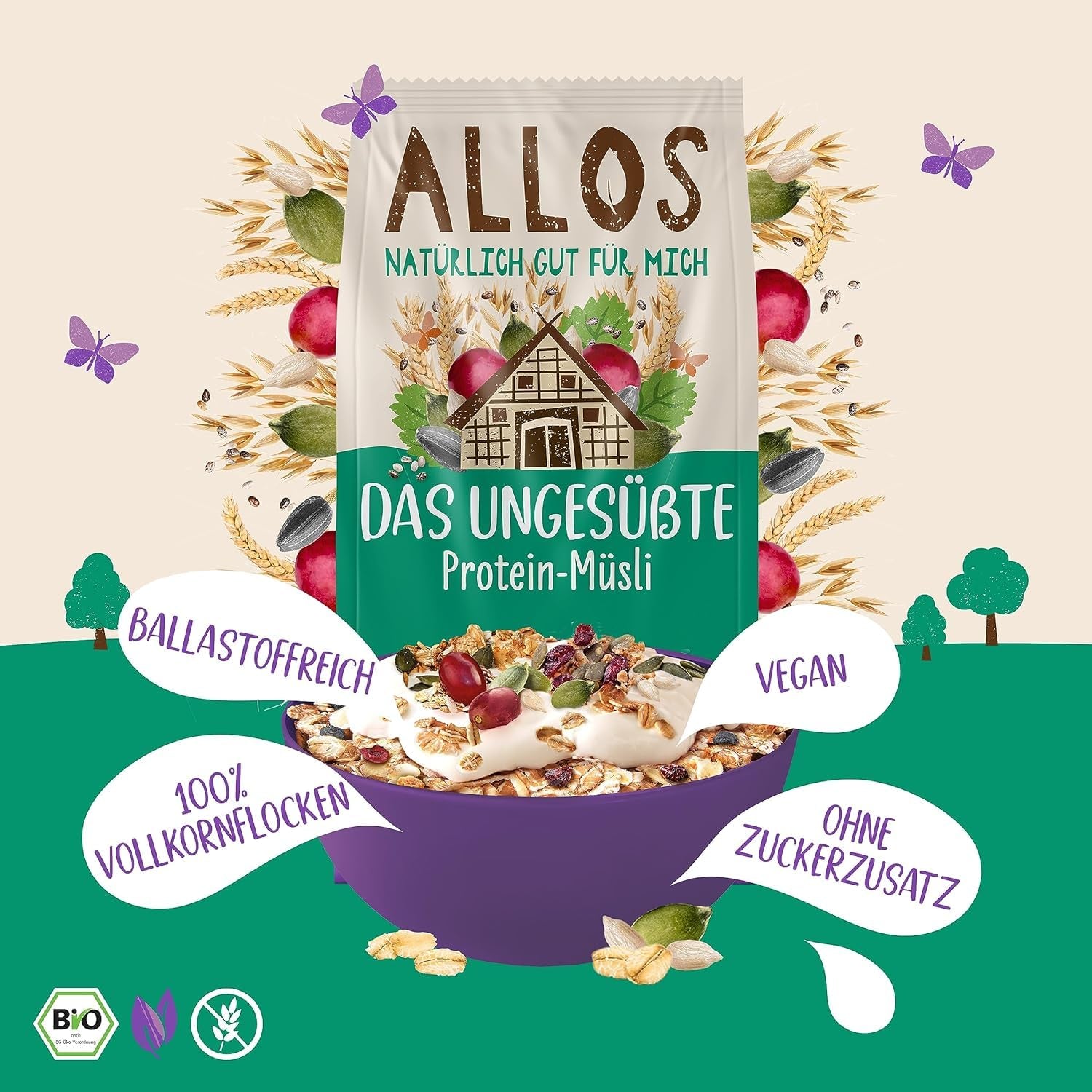 Allos muesli proteico non zuccherato | Muesli biologico | Farina d'avena | Cereali per la colazione | Vegano (5 x 450 g), 1 pezzo (confezione da 5)