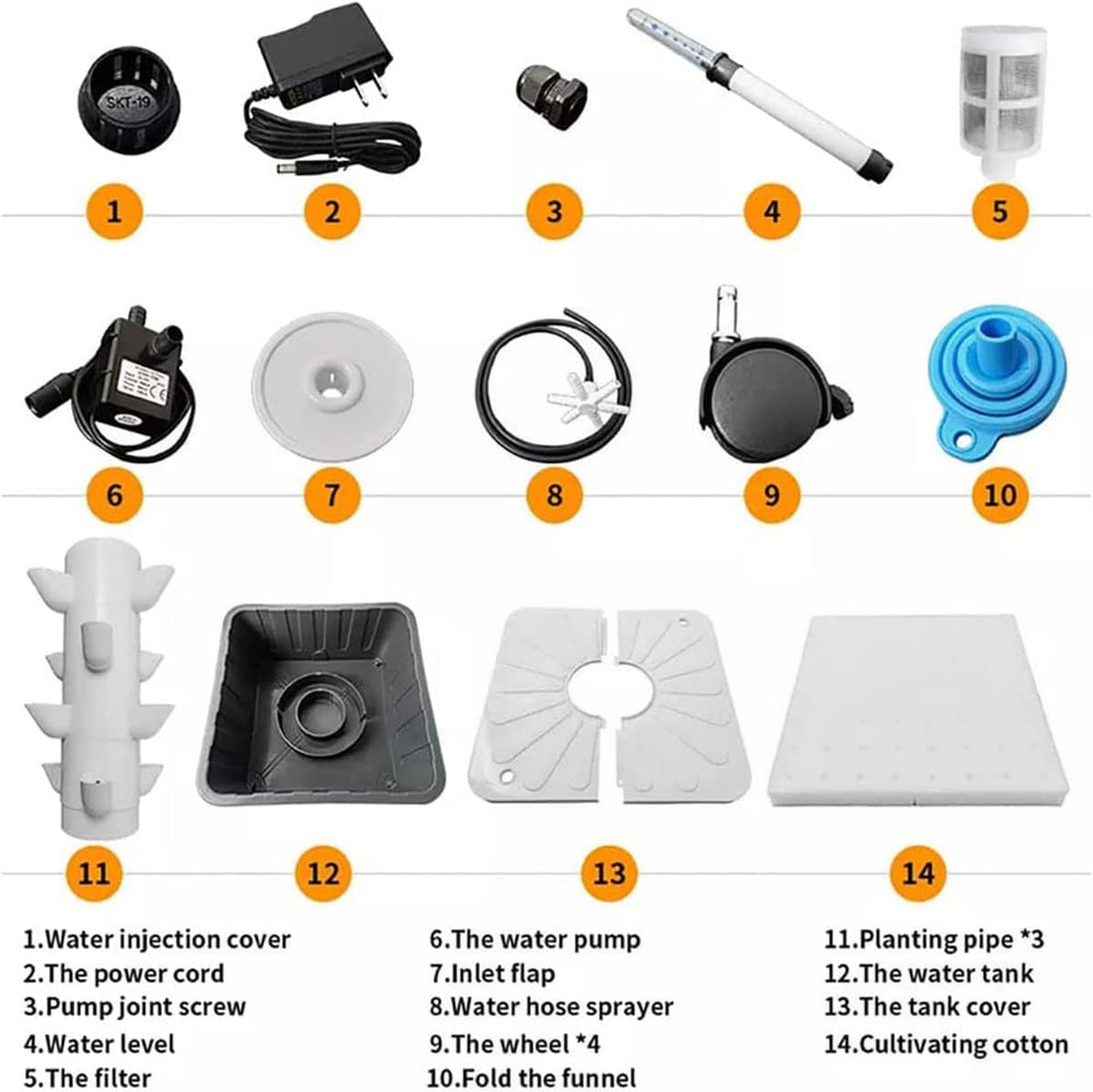 Torre idroponica, sistema acquaponico a cera a 15 livelli e 45 fori, kit di coltivazione aeroponica da giardino wireless per erbe, frutta e verdura con pompa di idratazione, adattatori, vasi in rete
