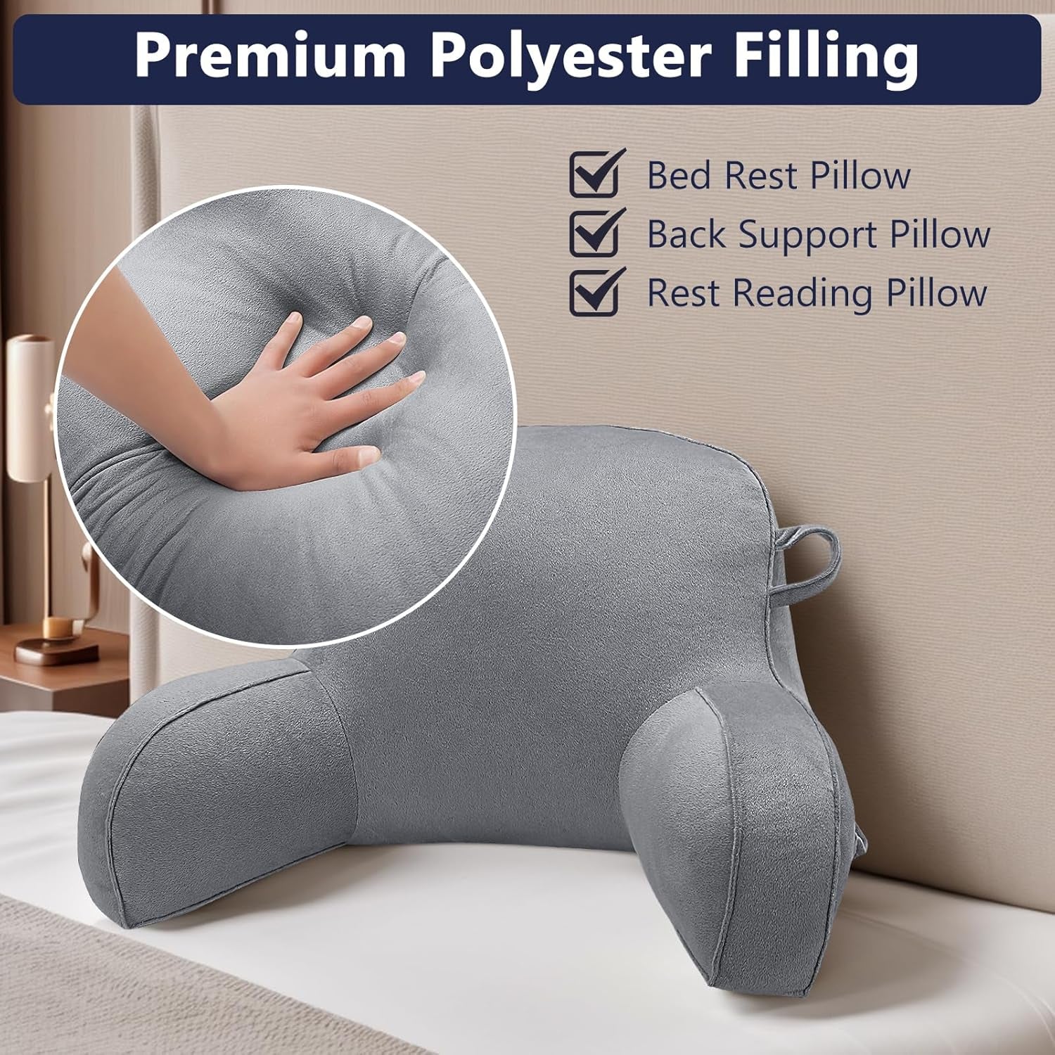 Pernă de citit, pernă de odihnă la pat pentru adulți și copii, pernă confortabilă din catifea pentru spate, cu cotiere, buzunare și mâner pentru a sta jos în pat, pernă de spate pentru citit, studiat și vizionat la televizor