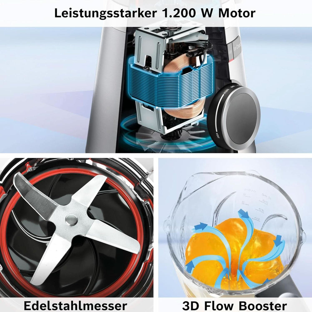 Robot da cucina Bosch Vitapower Serie 4 MMB6174SN, Verbesserte Version, Hochwertige Edelstahl-Klingen, 1.5L Glass Behälter, 0.6L To-Go-Flasche, Spülmaschinenfeste Teile, 30.000 U/Min, 1200 W, Argento Kitchen Naty Shop