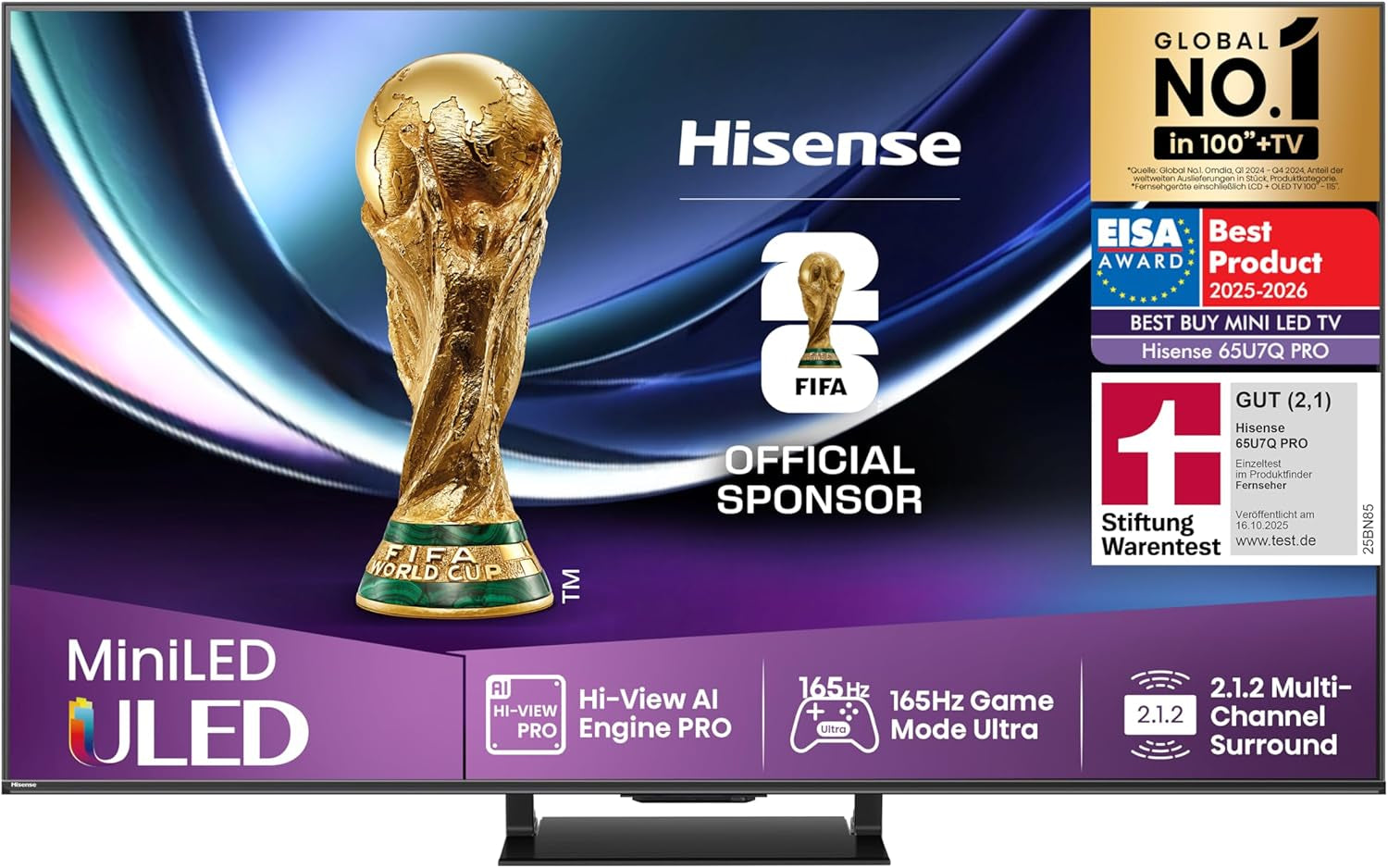 Televizor Hisense 50U7Q de 50 de inci, mini LED ULED 4K, Smart TV, motor Hi-View AI, mod de joc Pro la 144Hz, FreeSync Premium, subwoofer încorporat, Dolby Vision IQ Atmos, AirPlay, control vocal [2025]