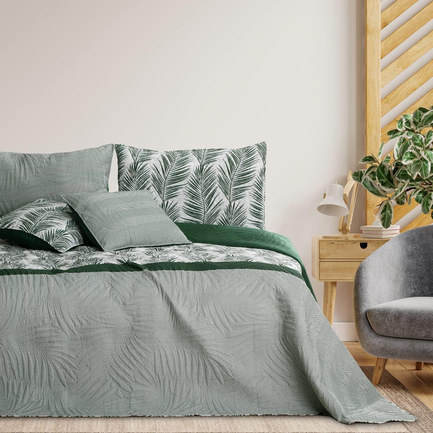 Ameliahome Copriletto Copriletto 170X210 Cm Double Face Copriletto Di Facile Cura Motivo Vegetale Verde Bianco Tropicale Bonaire Letti e coperte Besuche den AmeliaHome-Store