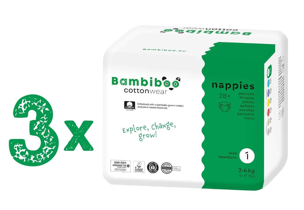 Bambiboo Scutece pentru copii - COTTONWEAR - Scutece de unică folosință pentru copii din bumbac organic și țesături pe bază de plante cu buric decupat Mama si Copilul Naty Shop Scutece, mărimea 1, 84 bucăți