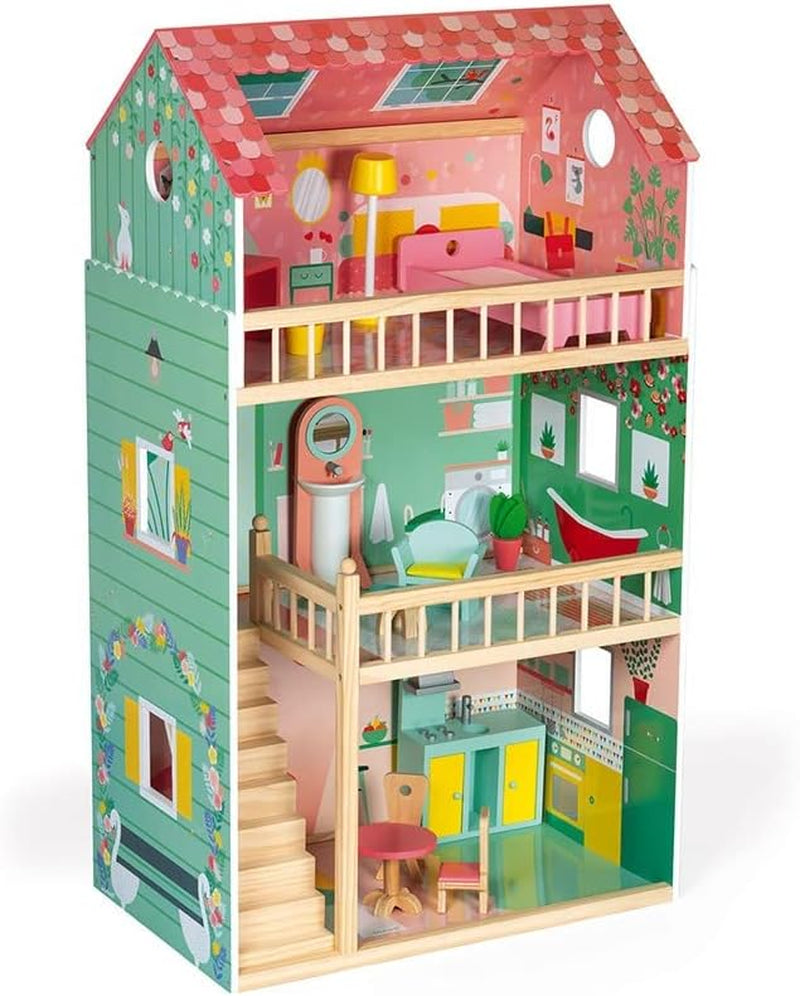 Janod - Casa de păpuși din lemn Mademoiselle, 3 etaje și cu 11 accesorii, replică de jucărie, dezvoltă imaginația, de la 3 ani, J06581, roz Casute de papusi Naty Shop O zi fericită