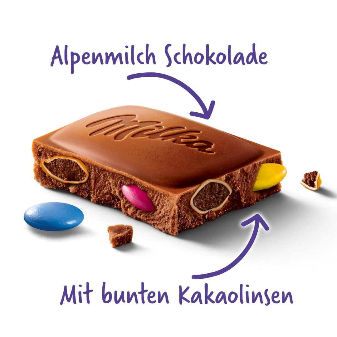 Cioccolato Milka con lenticchie colorate al cacao - Cioccolato al latte alpino con lenticchie croccanti al cioccolato - 100g
