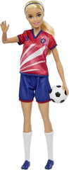 Barbie You Can Be Anything Serie, Fußballspieler, Fußballspieler mit blonden Haaren, rotem und blauem Trikot, Ball, Zubehör, inkl. Puppe, Geschenk für Kinder ab 3 Jahren,HCN17