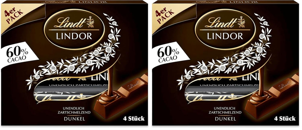 Cioccolata Lindt | Bastoncini LINDOR Cacao 60% | 100 g| 4 tavolette di cioccolato con cioccolato fondente 60% cacao e ripieno scioglievole in bocca | Barretta di cioccolato