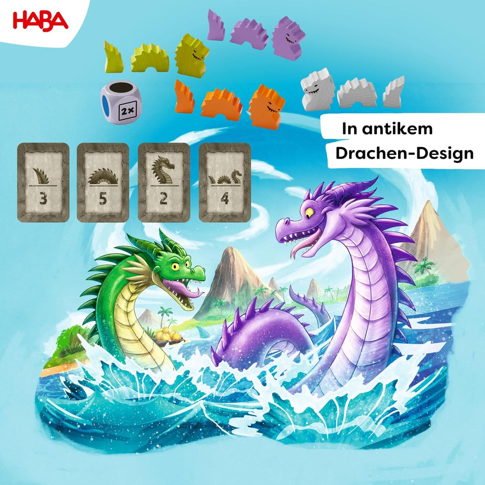 HABA Water Dragons - Gioco di dadi e strategia per bambini 5+ - Emozionante gioco da tavolo con draghi e figure in legno - Gioco per famiglie per 2-4 giocatori - 1307133001