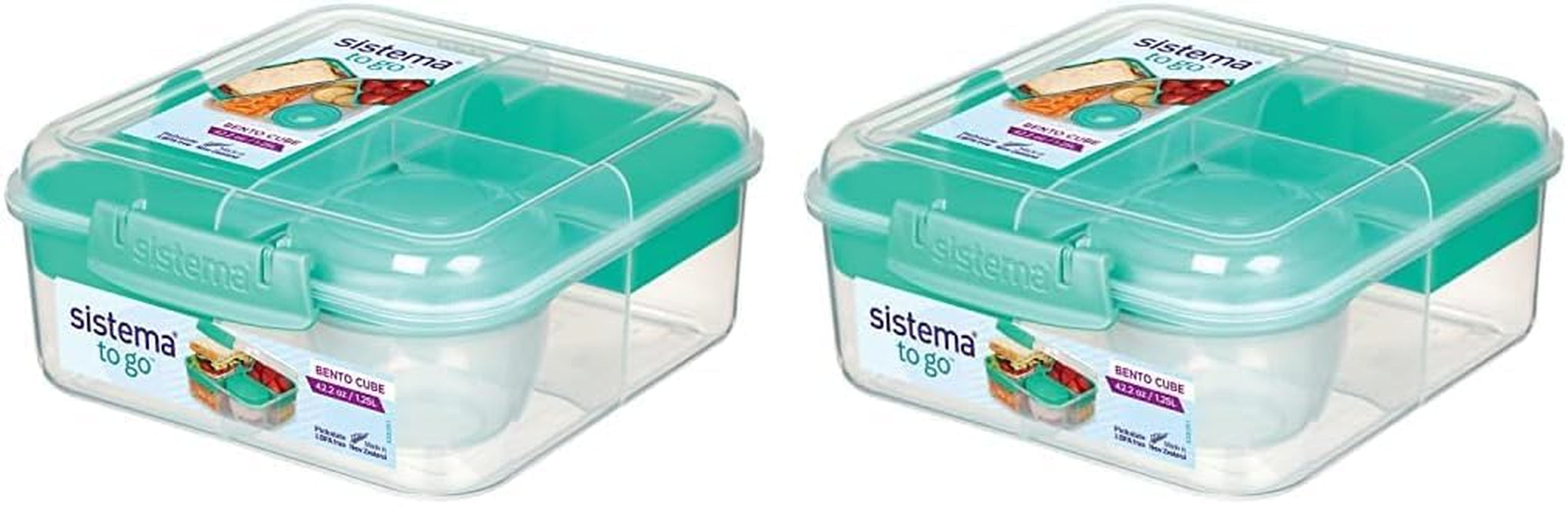 Sistema Bento Box TO GO lunch box cu compartimente | 1.25 L lunch box cu recipient pentru iaurt/fructe | pentru copii și adulți l | BPA-free | Minty Teal [21685-8T], verde mentă Cutii depozitare alimente Naty Shop Verde mentă 1,25 litri (pachet de 2)