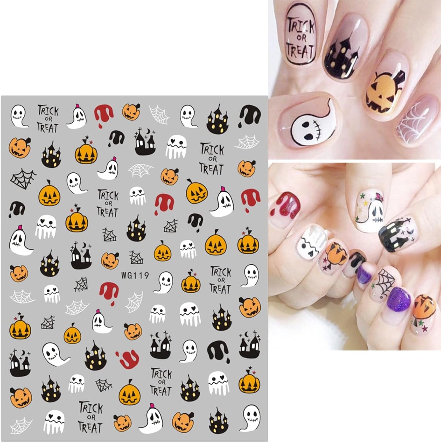 JMEOWIO Nagelsticker Halloween 8 Blatt Nail Art Sticker Selbstklebend Nagelaufkleber Totenkopf Horror Geist Hexe Spinnennetz Fledermaus Kürbis Spukdekoration Nageldesign Zubehör