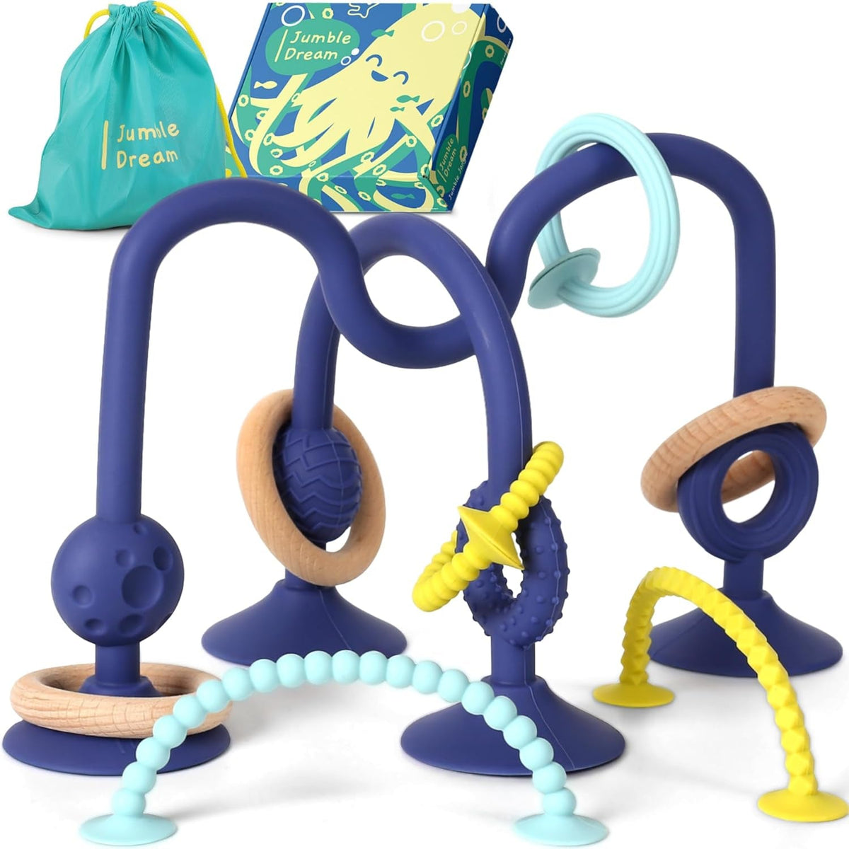 Inel de dentiție pentru bebeluși JUMBLE JANGLE: Jucărie de dentiție pentru bebeluși 3-24 luni | Set de 7 piese de jucării de mestecat fără BPA | Inel de dentiție din silicon răcoritor | Jucărie pentru copii mici cu ventuză pentru scaun înalt, masă și cadă