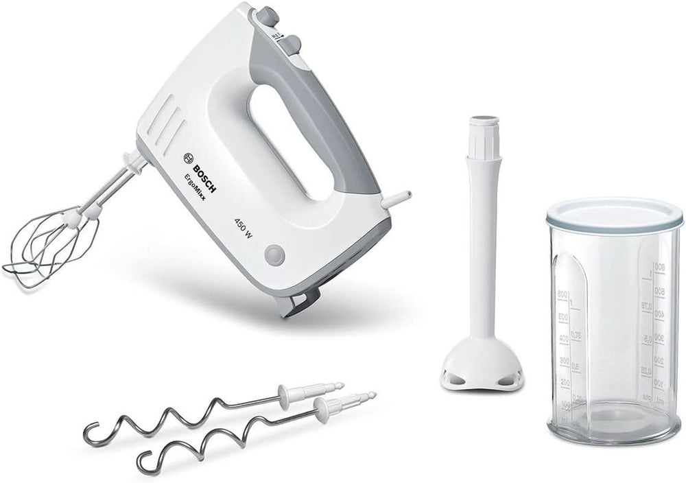 Bosch Hausgeräte Handrührer Ergomixx MFQ36440, 2 Rührbesen, 2 Edelstahl-Nethaken, Pürierstab, Becher, Spülmaschinengeeignet, 5 Stufen plus Turbostufe, 450 W, Weiß Kitchen Naty Shop
