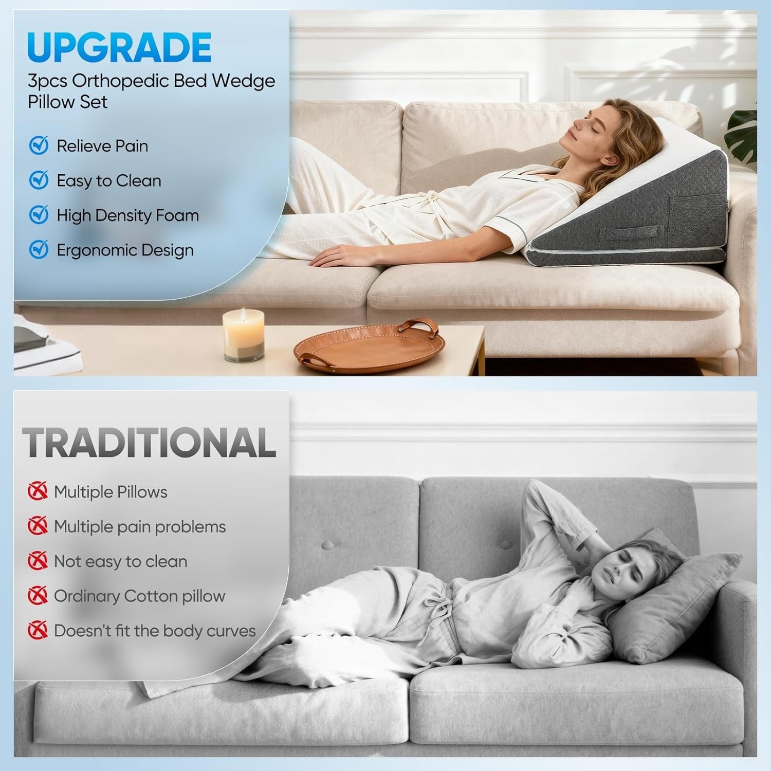 Pernă pană pentru pat și canapea, L50xL50xÎ26 Pernă dublă pentru citit cu husă lavabilă, spumă cu memorie, pentru sforăit și pentru mai mult confort în zona gâtului și spatelui