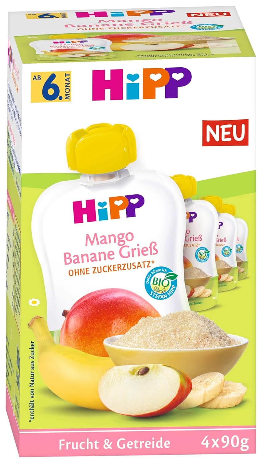 Hipp Frutta e Cereali Biologici in Sacchetti da Spremere per Neonati Mango Banana Semolino Confezione da 4 (4X4X90G) Mother and Baby Naty Shop