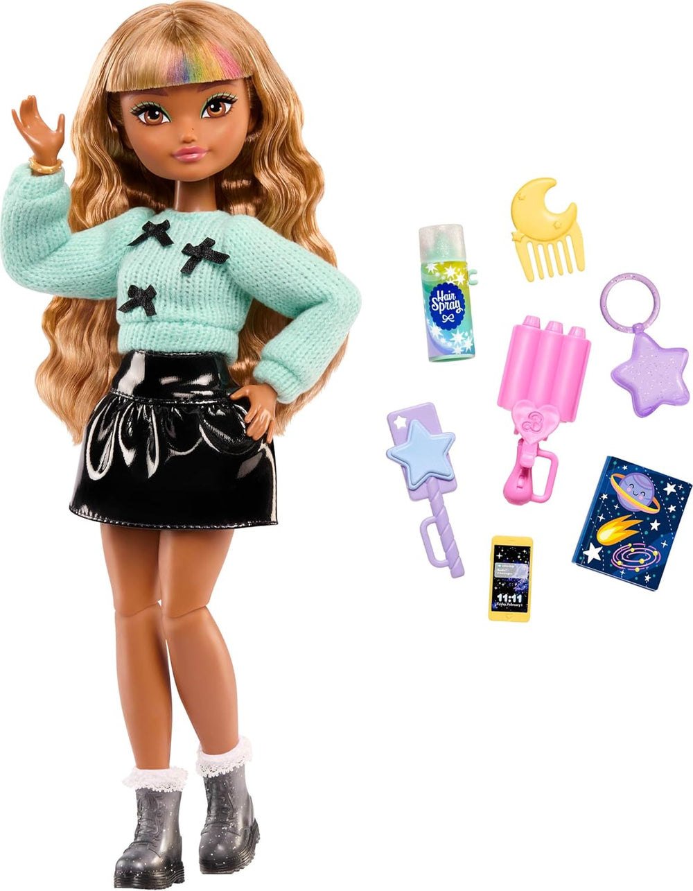Păpușa Barbie Dream Besties și accesorii, Păpușa la modă Zia articulată cu aranjamente detașabile și păr șaten ondulat, 7 piese cu păr și lună, JGG36