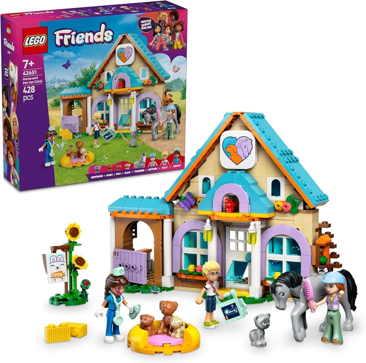 LEGO Friends Gabinetto veterinario per cavalli e animali domestici, set da costruzione e da gioco per giochi di ruolo fantasiosi con 3 minifigure e 5 personaggi di animali, idea regalo per ragazze di 7 anni 42651 Set da costruzione Besuche den LEGO-Store Titolo predefinito