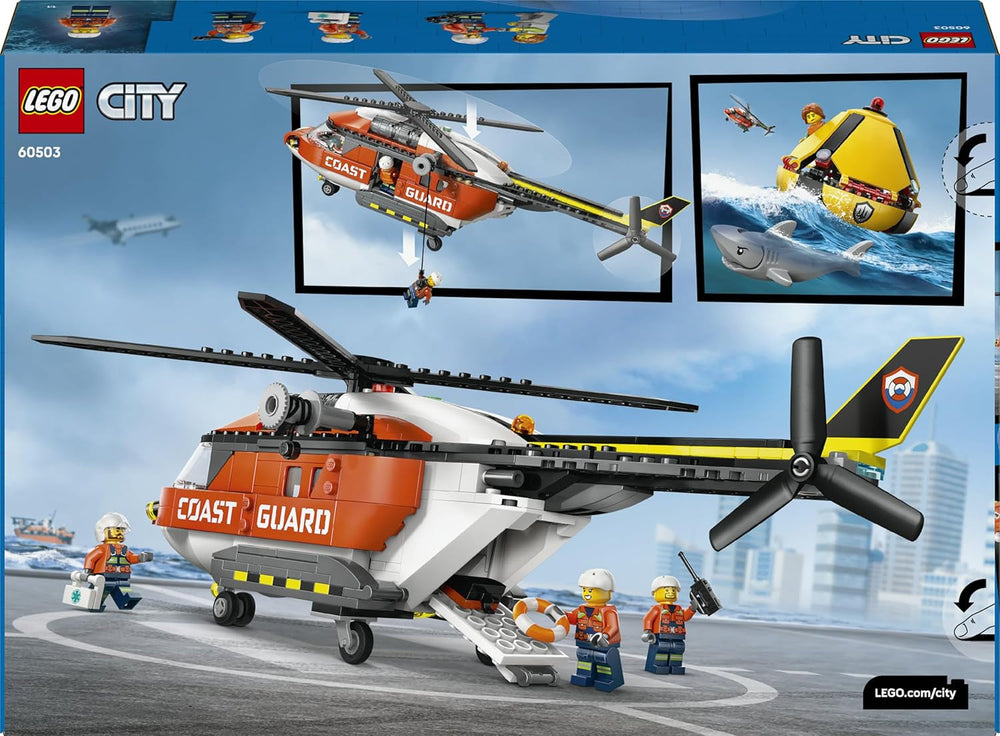 LEGO City Hubschrauber der Küstenwache - Spielzeug Einsatzfahrzeug - Modellbau mit Schiebetüren, Winche, 4 Minifiguren und Hai Figur - Geburtstagschenkenken für Jungen ab 7 Jahren - 60503