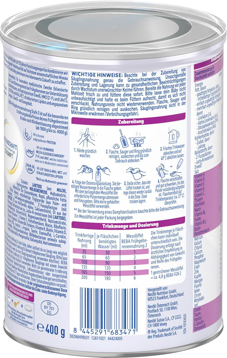 BEBA Premature Infant Formula Fase 2 - Neonati prematuri dopo la dimissione ospedaliera Alimenti per bambini Latte in polvere per neonati Confezione da 3 (1 x 400 g)