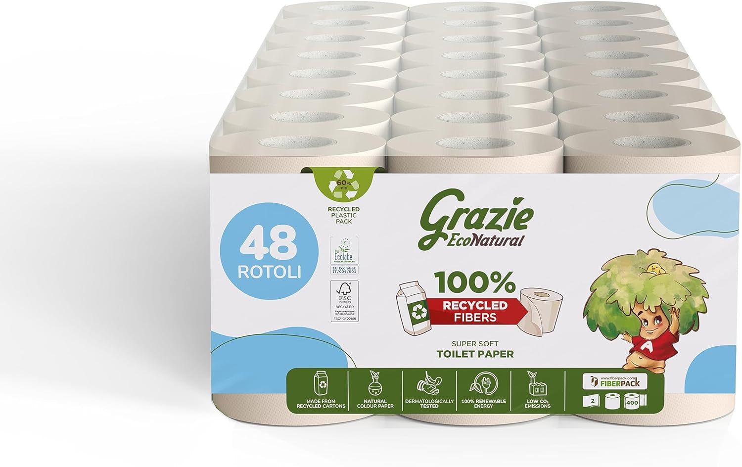 Grazie Natural, hârtie igienică, Maxi Ecol FSC, 48 role, testată dermatologic, hârtie igienică 100% reciclată, ecologică, fabricată în Italia